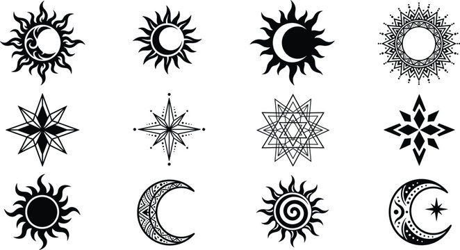 Mystical sun and moon vector illustration set featuring black celestial stars and bohemian tattoo design elements isolated on white