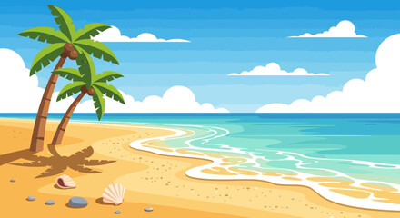 Obraz premium Two tropical palm trees standing on a sandy beach shore.