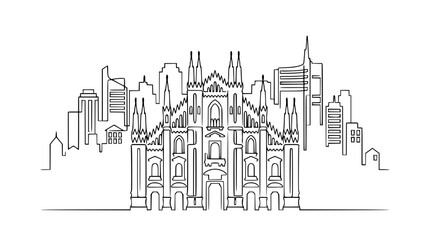 Fototapeta premium Milan Duomo and Cityscape Skyline Continuous Line Drawing