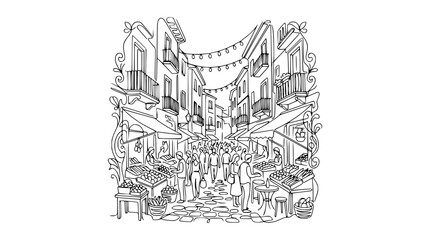 Fototapeta premium Hand-drawn illustration of a bustling European street market with people and stalls.
