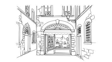 Obraz premium Charming European Bookstore Facade Sketch in Narrow Alleyway