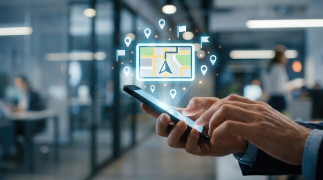 Automobile Insurance and GPS Tracking Concept: Person Using Smartphone with Holographic Car Navigation and Location Pins in Modern Corporate Office