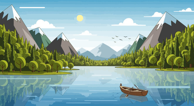 A small wooden rowboat floating peacefully on a calm blue mountain lake.