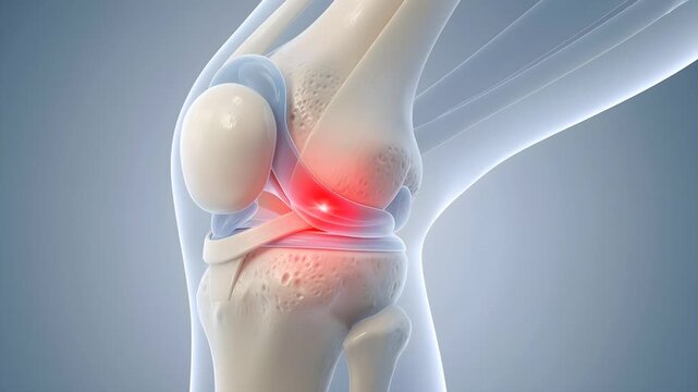 Anatomical 3D visualization of the human knee joint experiencing pain, with a glowing red spot indicating inflammation, injury, or degenerative disease