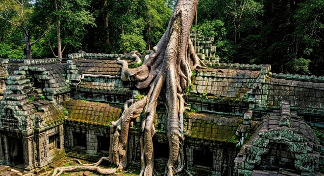 Ancient Temple Ruins With Large Strangler Fig Tree Growing Over Stone Structures in Jungle Setting