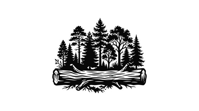 forest scene with log silhouette trees woodland nature outdoor landscape black white