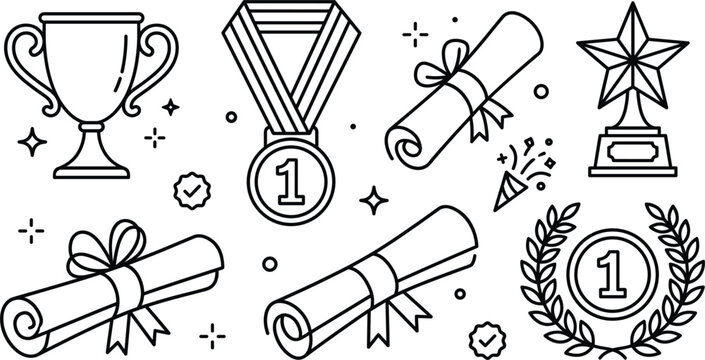 Award and graduation line icon set with trophy medal scrolls diploma star trophy laurel wreath confetti vector illustration