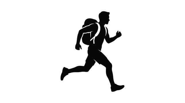 runner with backpack silhouette black white background figure human motion activity travel