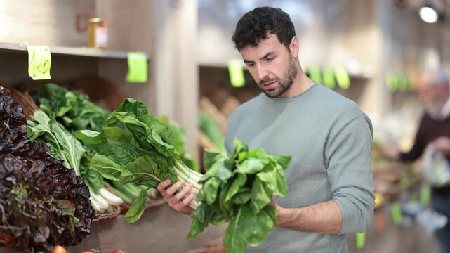 Adult man chooses chard for purchase in greengrocer shop. High quality 4k footage