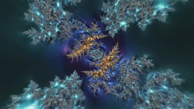 Abstract digital fractal background featuring a golden crystalline spiral vortex with intricate tree-like structures set against a deep blue and purple nebula backdrop.