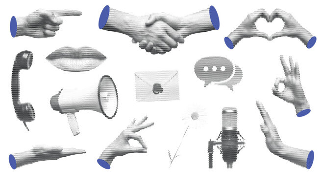 A collection of vintage halftone collage elements featuring hands, communication tools, and symbols, designed in a retro pop art style on a white background.