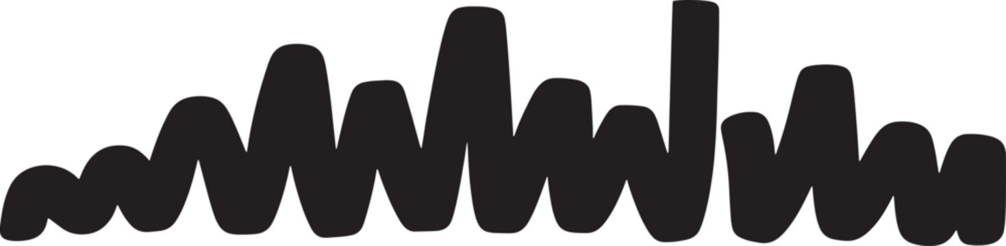 Dynamic audio waveform abstract minimalist black line art on white in outline style fluctuating
