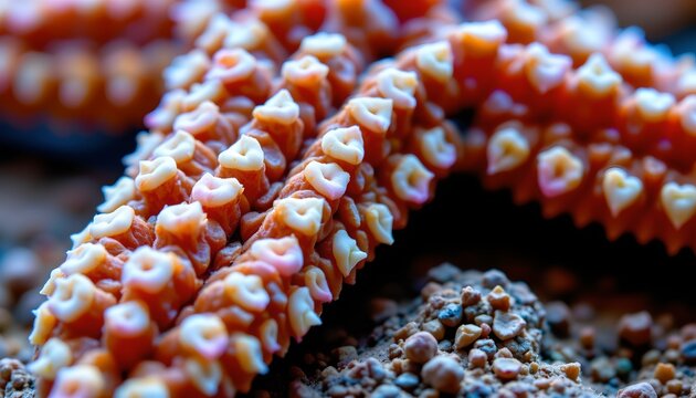 The image features a close up view of a starfish with its arms prominently displayed, showcasing its bumpy, textured surface covered in small, raised disc shaped structures