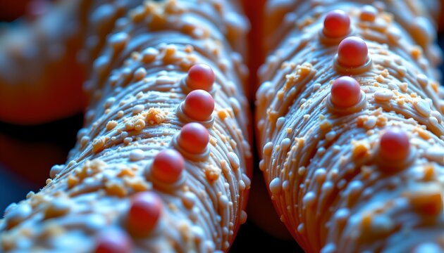 The image features a close up view of several &eacute;clairs arranged in a row