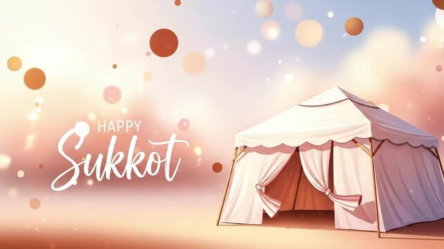Festive sukkah booth illustration for Sukkot holiday. Traditional Jewish temporary dwelling with white fabric coverings and open entrance. Autumn festival celebration and cultural tradition concept