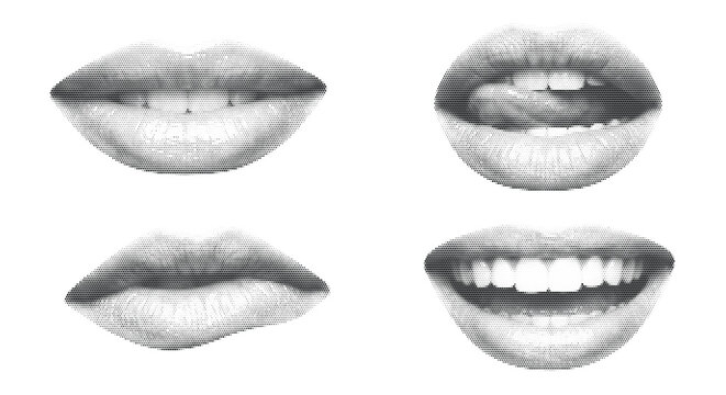 Woman lips retro halftone collage elements vector illustration pop art style mouths collection including scream, bite, and smile