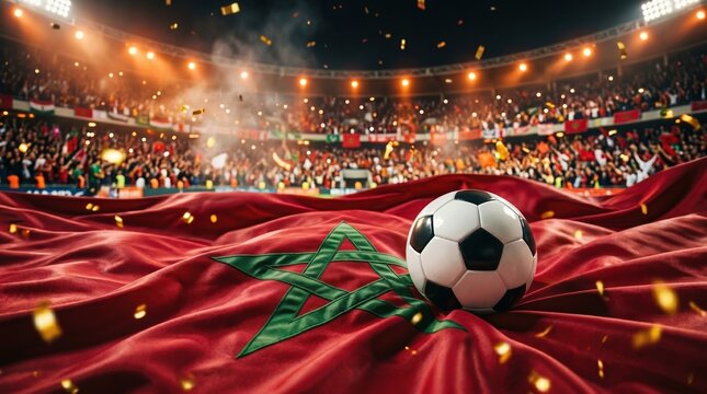 Large Morocco Flag with Soccer Ball Unfurled by Fans in Arena