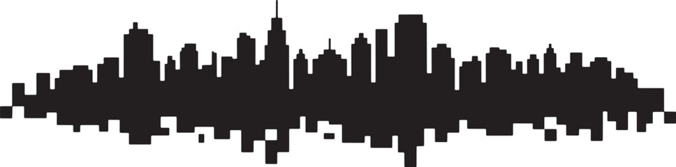 Fototapeta premium Urban city skyline silhouette black skyscrapers water reflection flat on white cityscape harbor