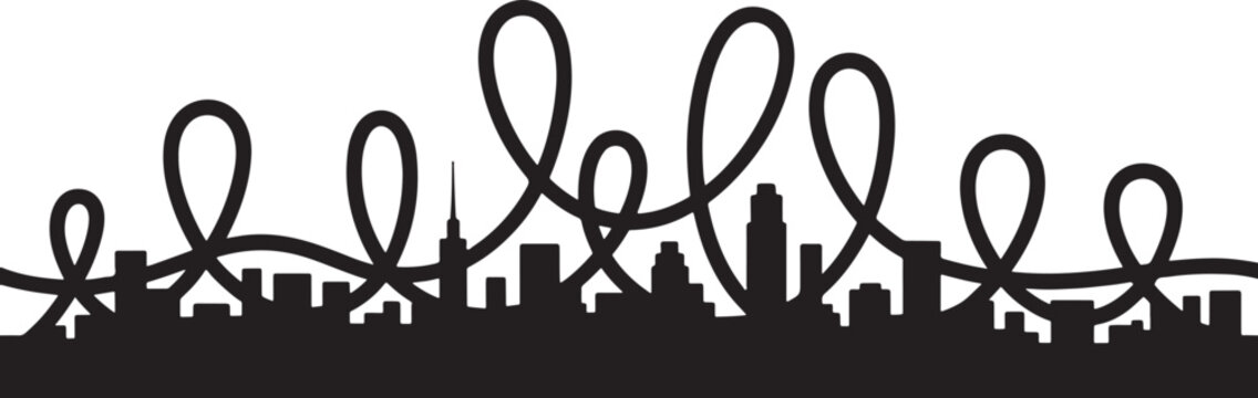Urban city skyline panorama with rollercoaster track loops silhouette on white roller coaster