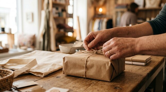 Preparing a gift package in a cozy shop during the day