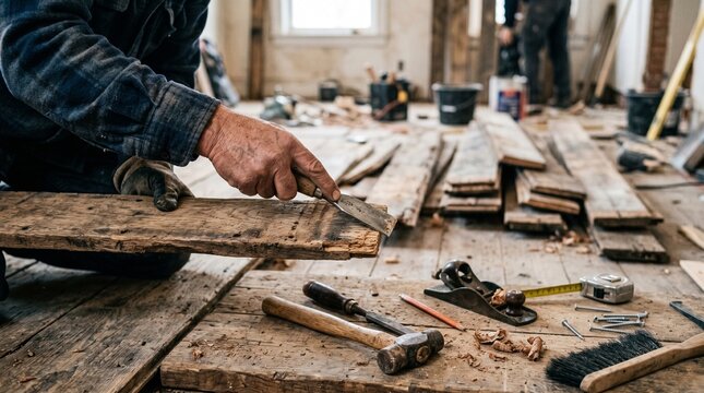 Woodworking process in an old building with tools scattered on the floor at a construction site during daylight hours