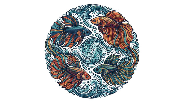 Betta Fish Circle Design with Water Waves