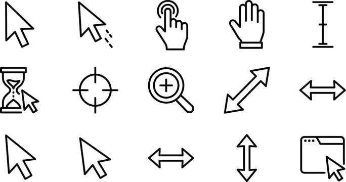 Computer mouse cursor and interface pointer arrow line icons set with click hand crosshair zoom linear design elements