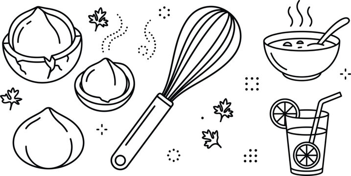 Cooking and baking ingredients line icon set with kitchen whisk hazelnut macadamia nut hot soup bowl lemon drink