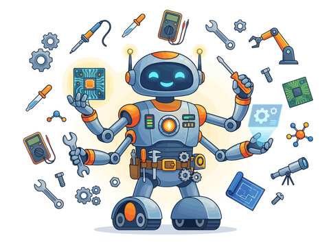 A friendly multi armed robot engineer holding various tools and electronic components.