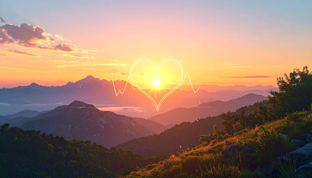 Sunset over mountain range with heart shape