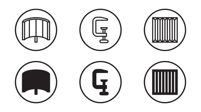 Industrial technical clamp and structural grid icons set in outline and solid styles with industrial, structural