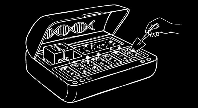 Illustrated genetic engineering device with DNA sequence controls.