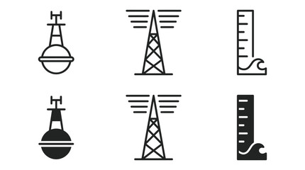 Fototapeta premium Navigation and technical survey icon set including maritime buoy transmission tower measuring scale with navigation