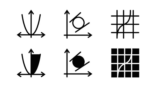 Mathematical and geometric analysis icon set featuring parabolic curves tangent circles coordinate grids, geometry