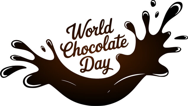World Chocolate Day elegant typography script lettering on a dynamic glossy liquid splash, vector illustration template for holiday celebration isolated on a white background.