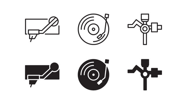 Vinyl record player and turntable equipment icons with turntable equipment interface collection isolated technology