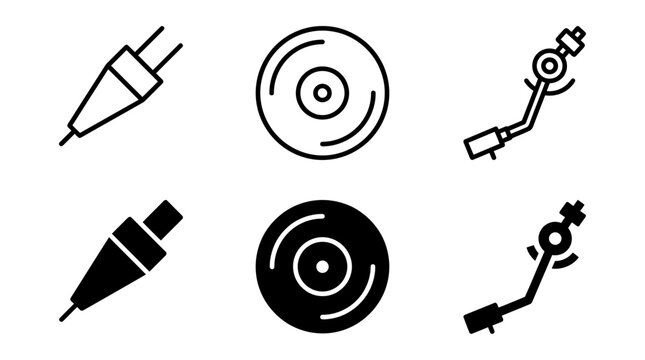 Audio equipment and vinyl record playing icons with turntable equipment interface collection isolated technology