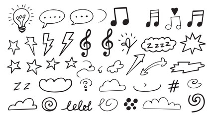 Obraz premium Dynamic collection of diverse hand-drawn doodle elements for creative design, featuring speech bubbles, musical notes, lightning, stars, and decorative swirls