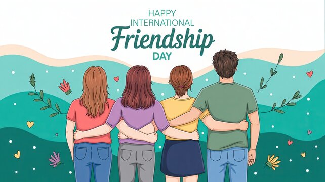 Group of friends celebrating International Friendship Day with arms linked