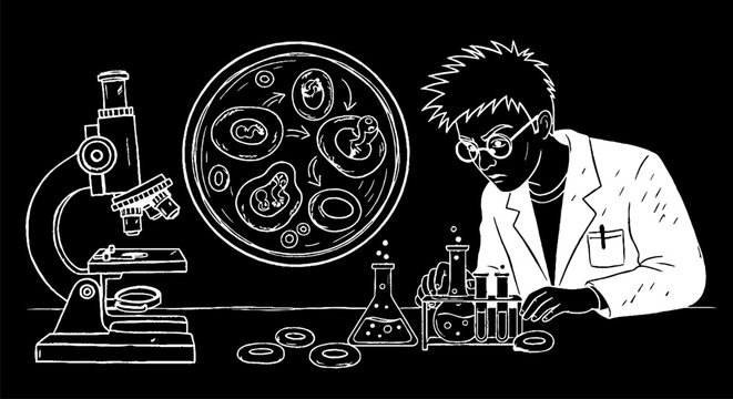 Cartoon scientist examining microbes under microscope in laboratory.