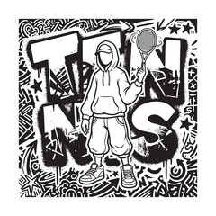 Obraz premium Black and white illustration of a person holding a tennis racket with graffiti Tennis 2026, US Open Tennis 2026, US Open Tennis, Tennis Poster Design, Wimbledon Championships