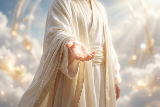 Glowing spiritual figure in flowing white robes extending an open hand toward the viewer