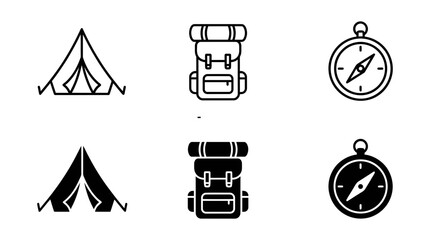 Fototapeta premium Camping and travel equipment icons set featuring tent backpack and compass in outline and solid styles, backpack