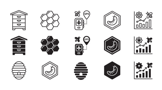 Beehive icons honeycomb bee navigation and business growth charts with honeycomb agriculture wildlife pollination