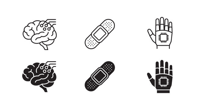 Brain technology icons: neural interface medical bandage and robotic hand interface technology prosthetic research
