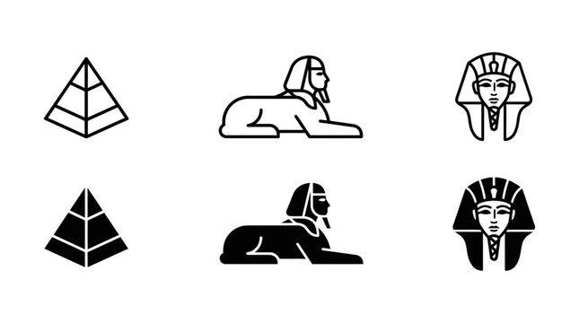 Ancient egypt historical symbols set featuring pyramids sphinx and pharaoh icons in linear and solid styles, monument