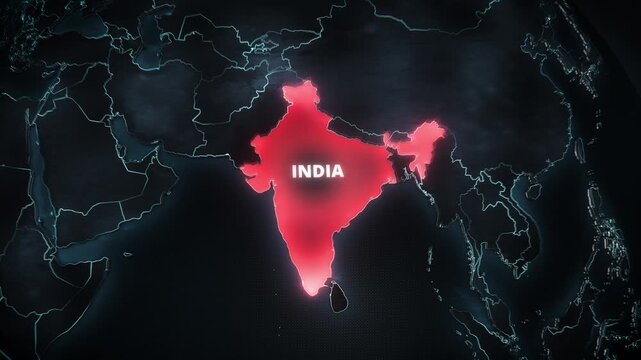 Dark digital globe showing the country of India highlighted in glowing red with a pulsating alert effect, ideal for geopolitical news broadcasts or international crisis reports.
