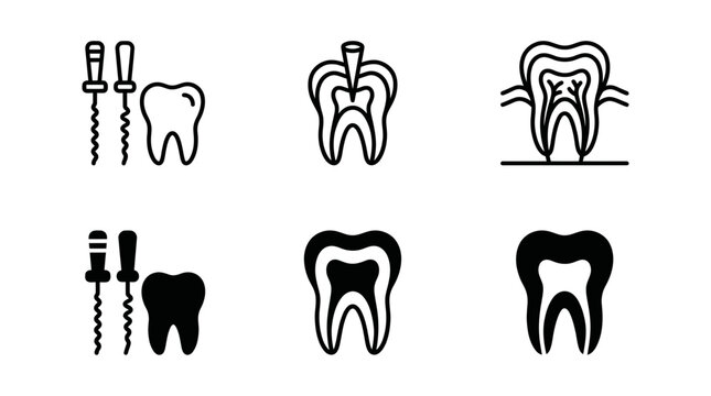 Dental treatment and root canal procedure icon set with dentistry endodontics stomatology treatment procedure