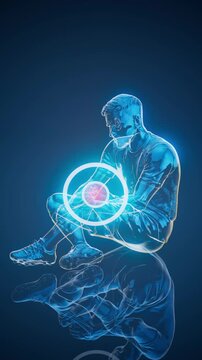 Conceptual 3D animation of a soccer player with knee pain in vertical format
