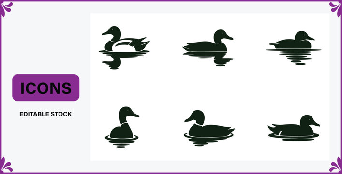 Collection of six dark green duck silhouettes floating on water in various positions